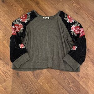 envy Embroidered Pullover Top with Velvet Floral Sleeves